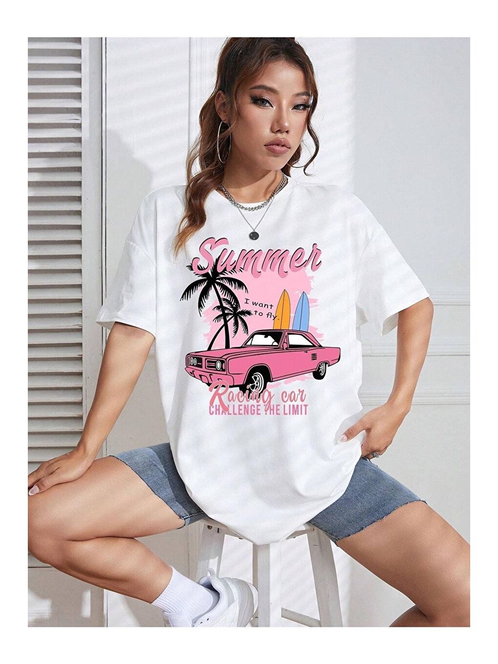 Trendseninle Beyaz Kadın Beyaz Summer Racing Car Baskılı Oversize Tişört - 3