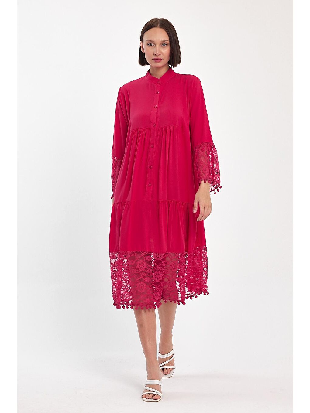 Fuşya Kadın Kolu Dantelli Kısa Elbise 983