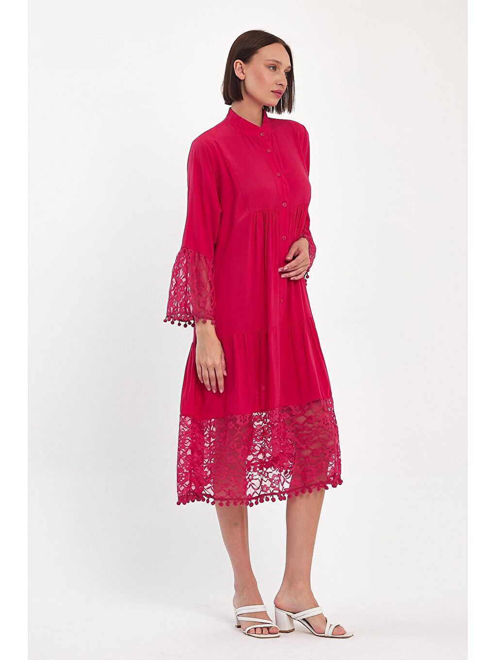 Fuşya Kadın Kolu Dantelli Kısa Elbise 983-1