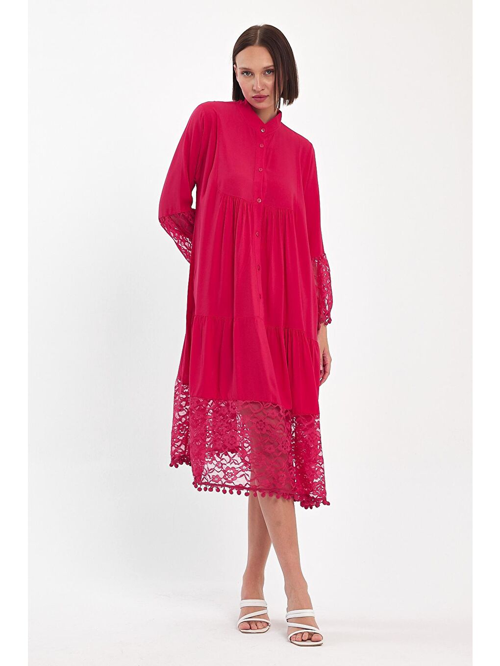 Fuşya Kadın Kolu Dantelli Kısa Elbise 983-2