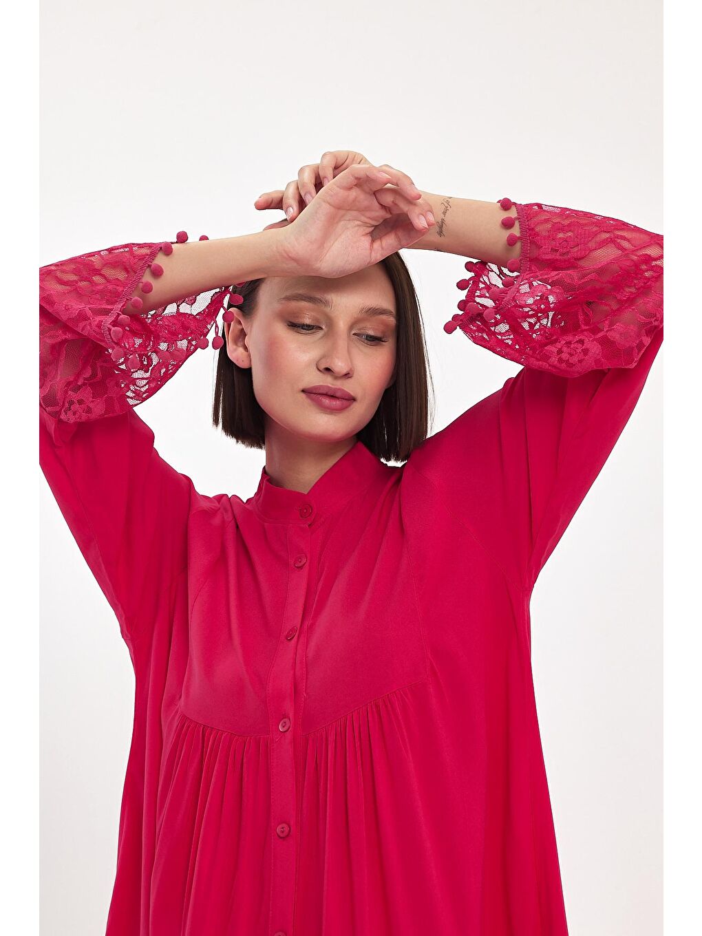 Fuşya Kadın Kolu Dantelli Kısa Elbise 983-3