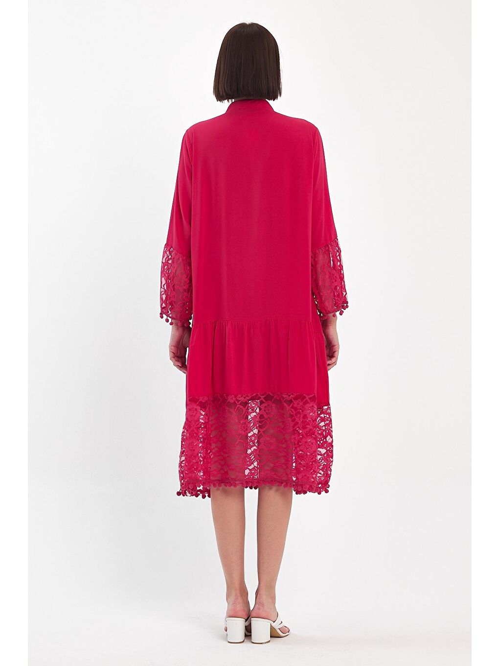 Fuşya Kadın Kolu Dantelli Kısa Elbise 983-4