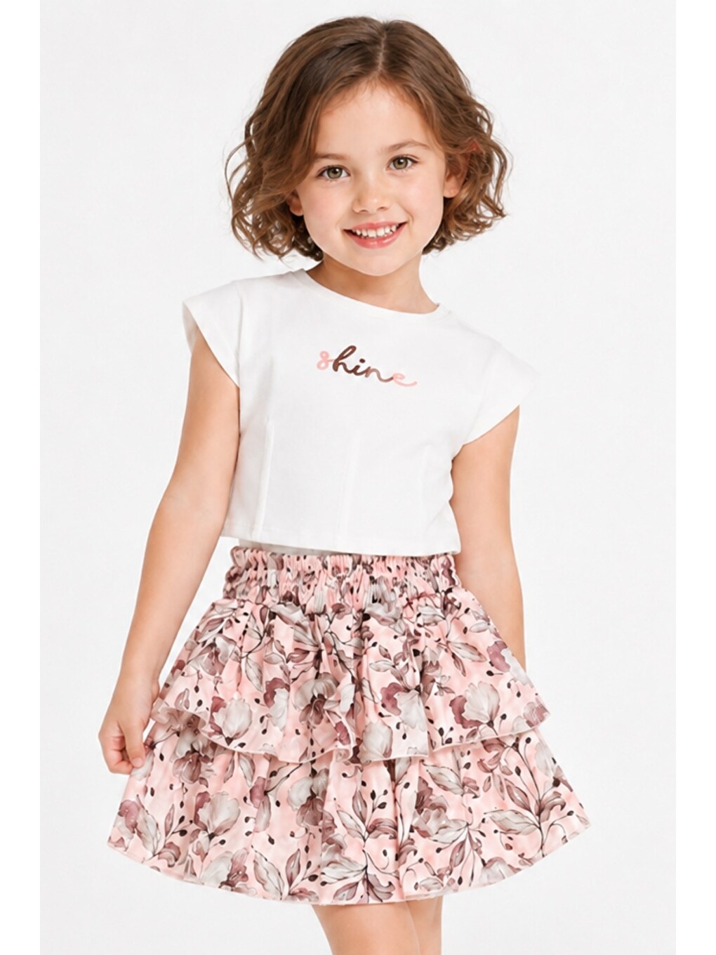 Kız Çocuk Nakışlı T-shirt Ve Etek Takım - Pembe-1