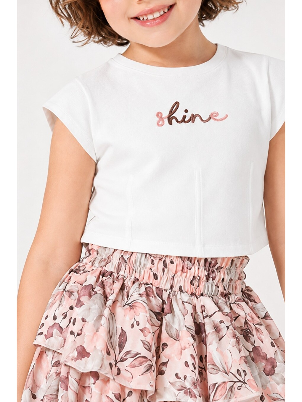Kız Çocuk Nakışlı T-shirt Ve Etek Takım - Pembe-2