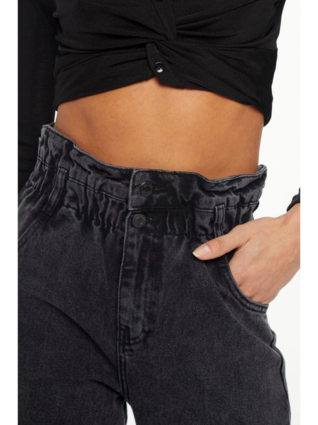 it's basic Gri Kadın Gri Füme Renk Wide Leg Kalıp Beli Lastikli Yüksel Bel Jean - 4