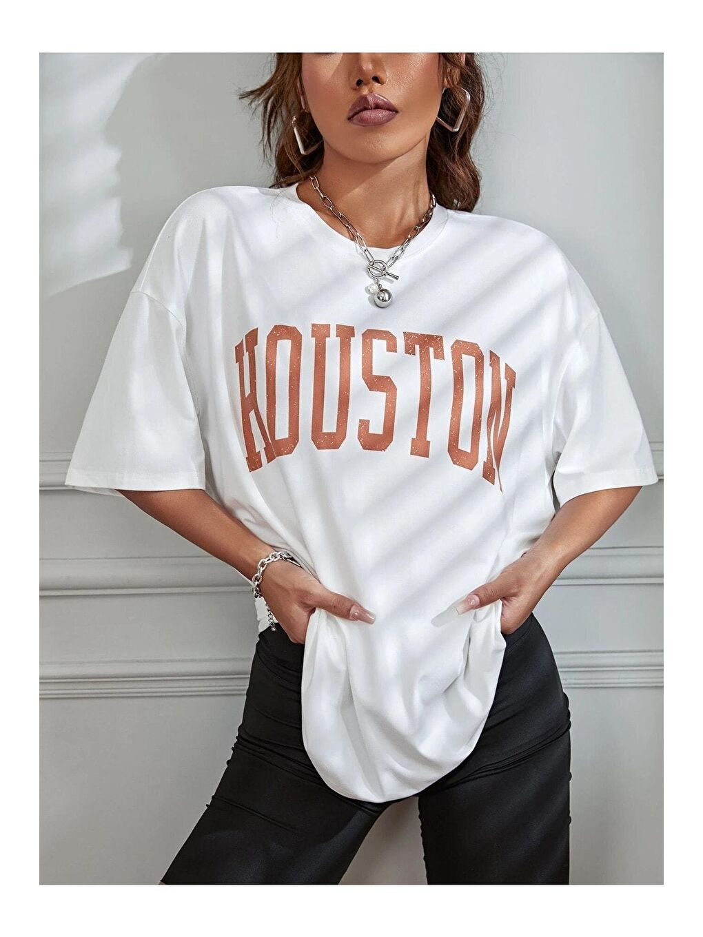 Trendseninle Beyaz Kadın Beyaz Houston Baskılı Oversize Tişört