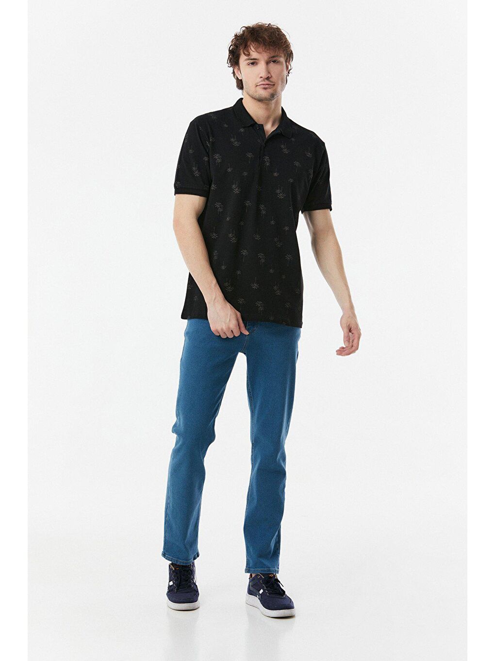 Siyah Palmiye Baskılı Polo Yaka Tişört-1