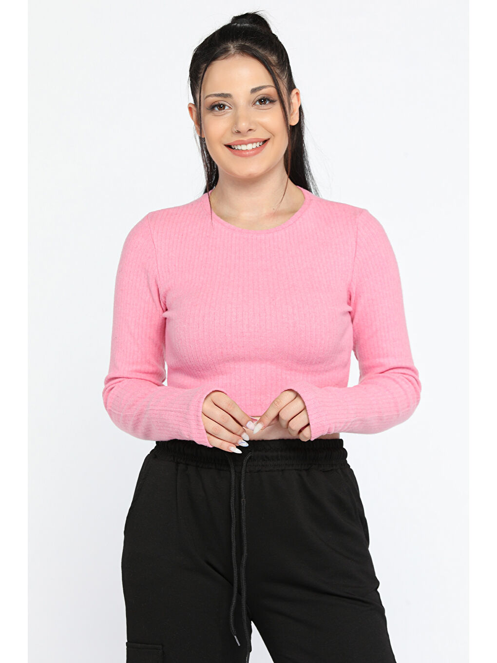 GÜLSELİ Pembe Kadın Bisiklet Yaka Kolu Pencereli Kaşkorse Crop Top Bluz