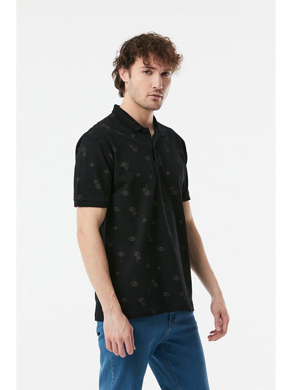 Siyah Palmiye Baskılı Polo Yaka Tişört-2