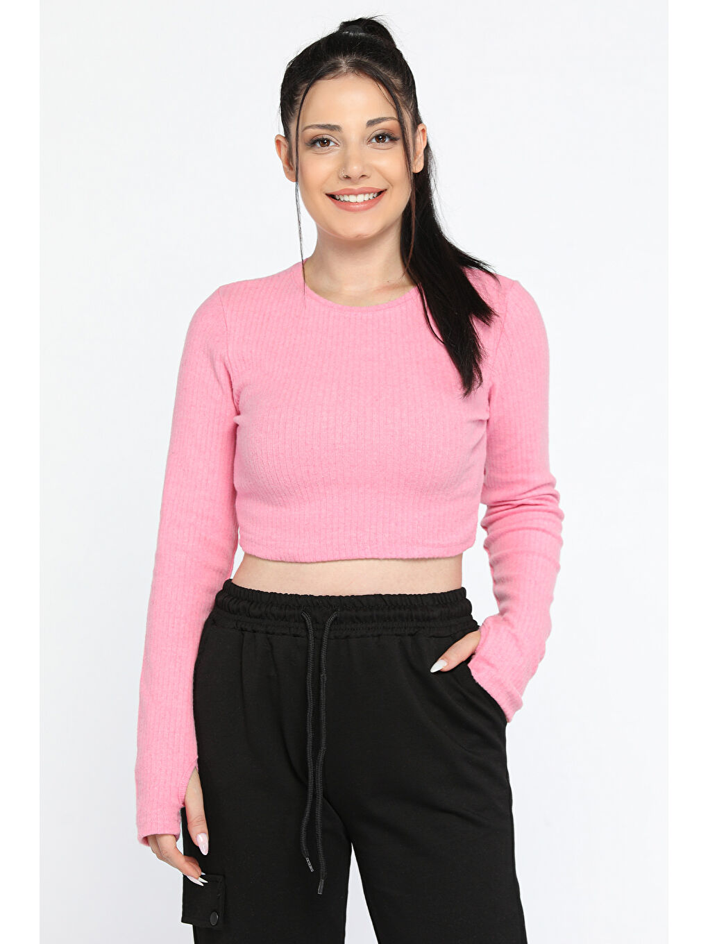 GÜLSELİ Pembe Kadın Bisiklet Yaka Kolu Pencereli Kaşkorse Crop Top Bluz - 1