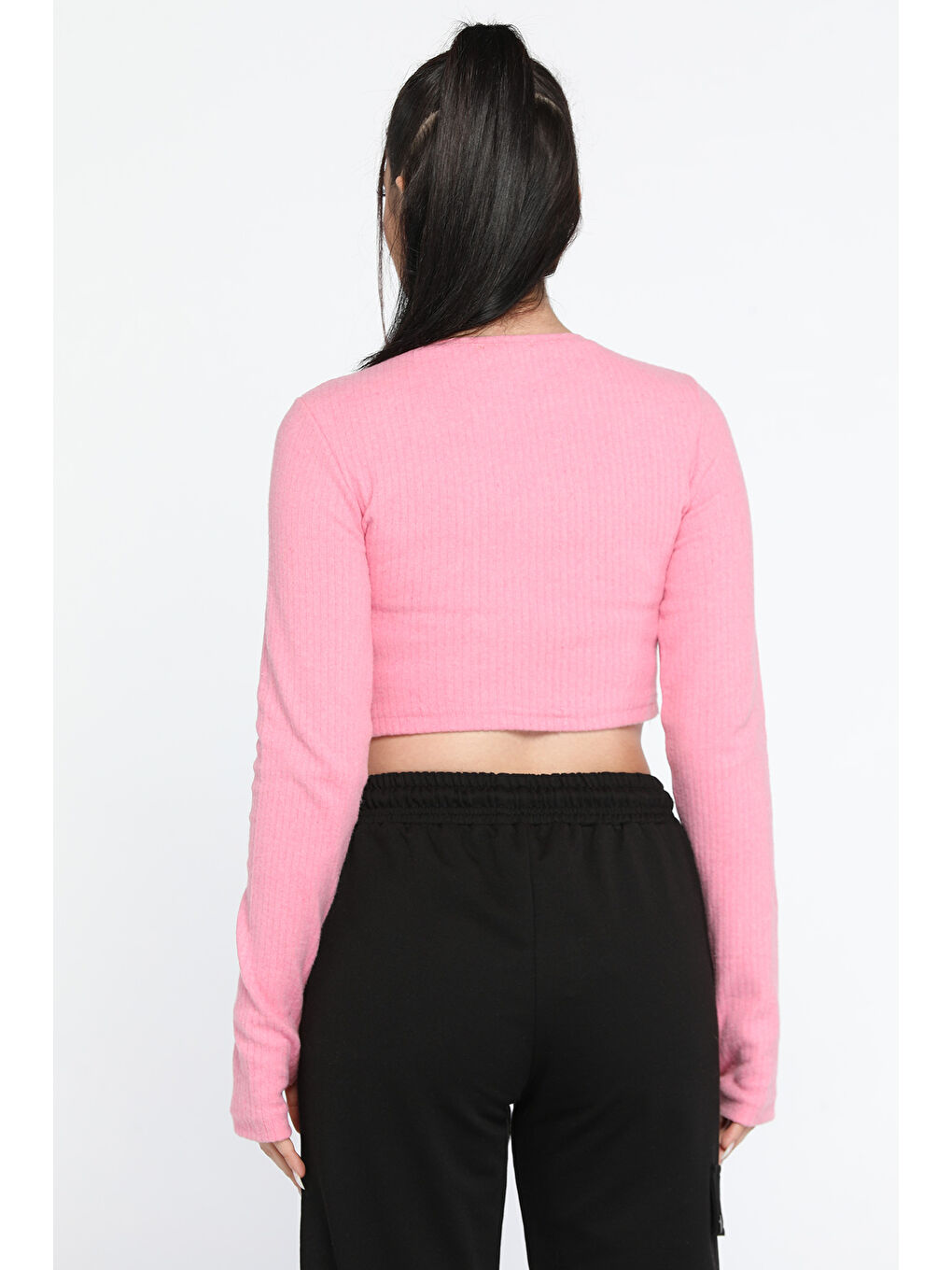 GÜLSELİ Pembe Kadın Bisiklet Yaka Kolu Pencereli Kaşkorse Crop Top Bluz - 2