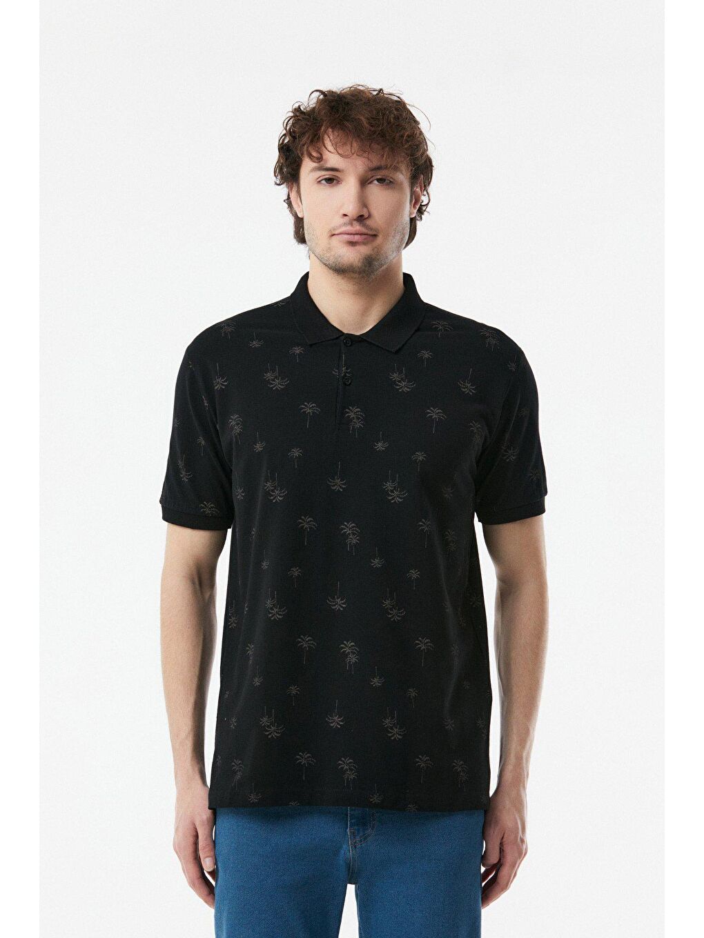 Siyah Palmiye Baskılı Polo Yaka Tişört-4