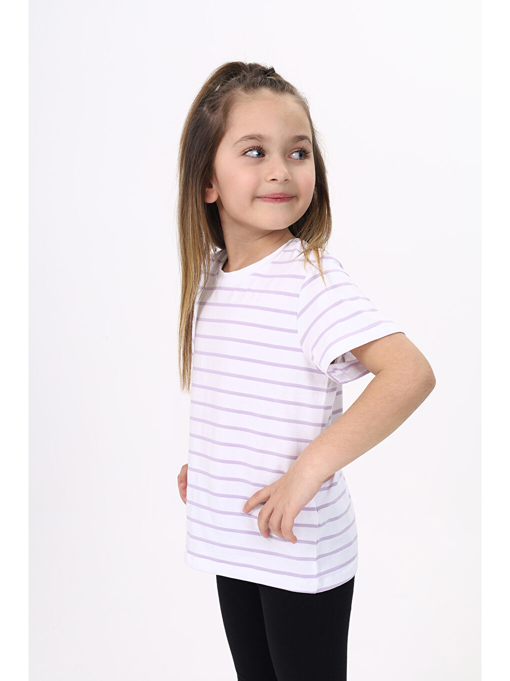 Lila Unisex Çocuk Çizgili Tişört-1