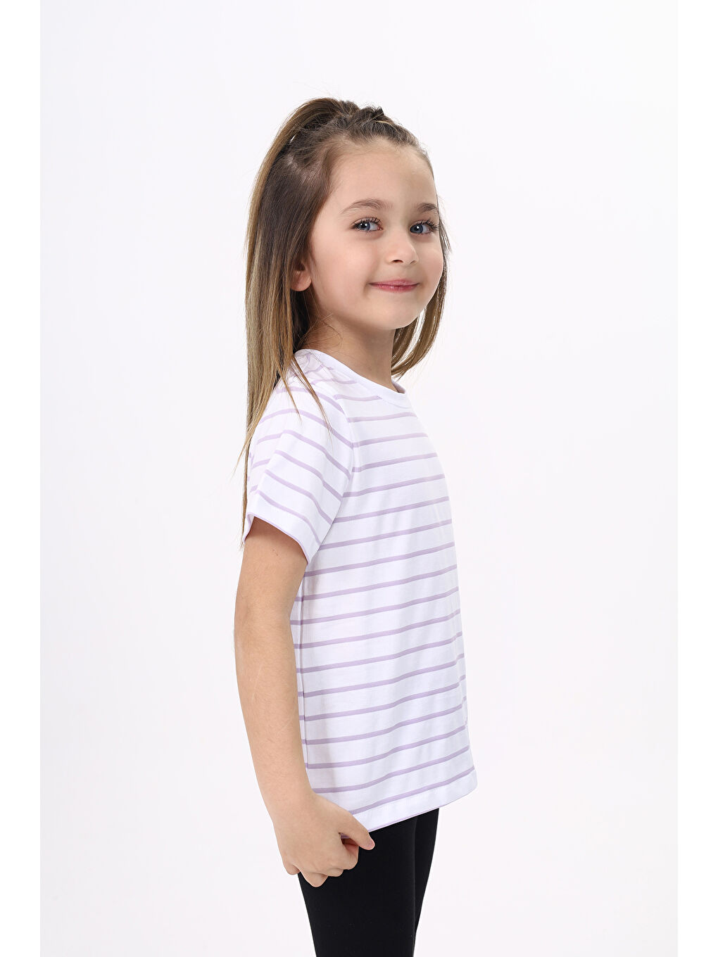 Lila Unisex Çocuk Çizgili Tişört-3