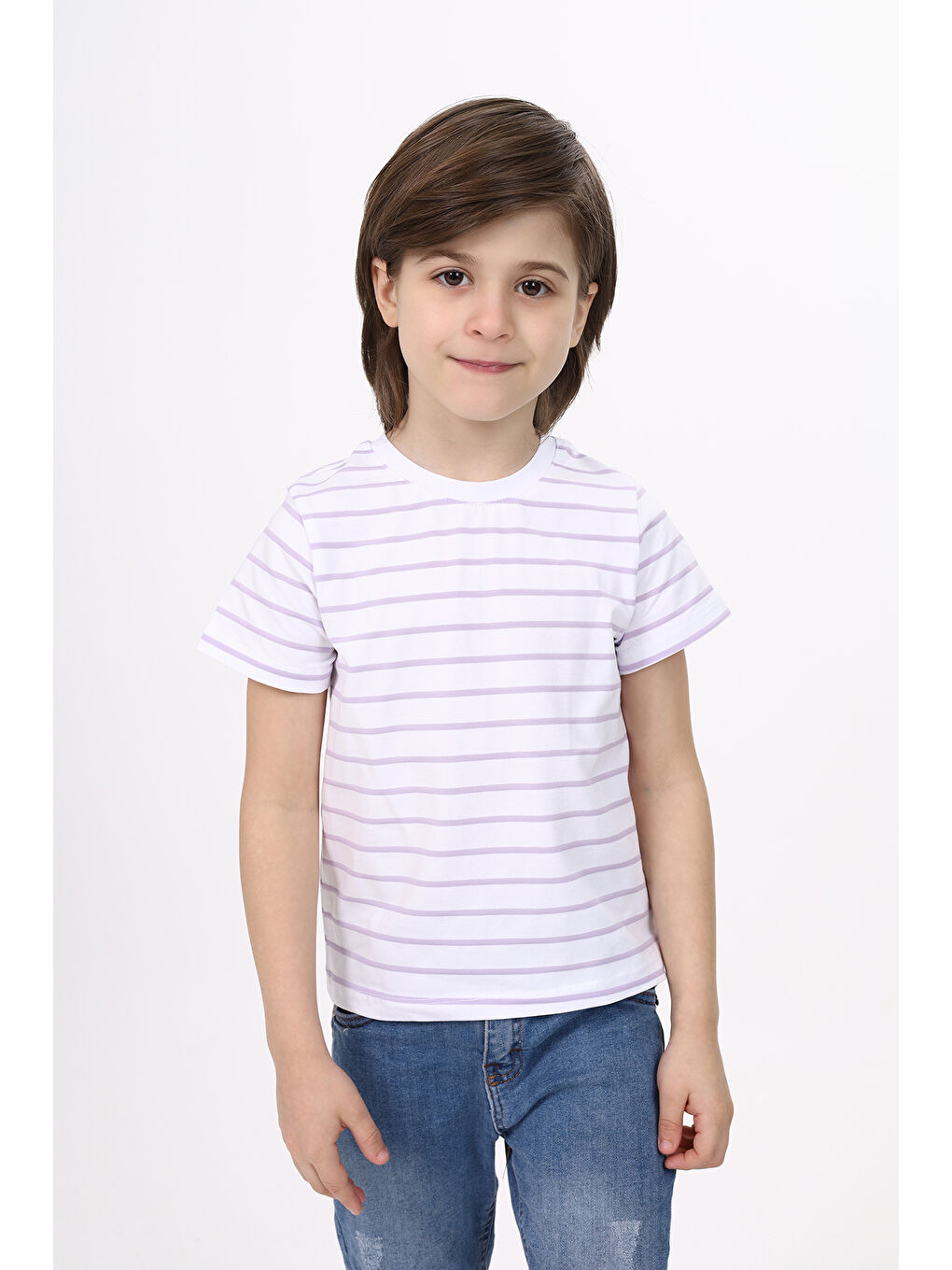 Lila Unisex Çocuk Çizgili Tişört-4
