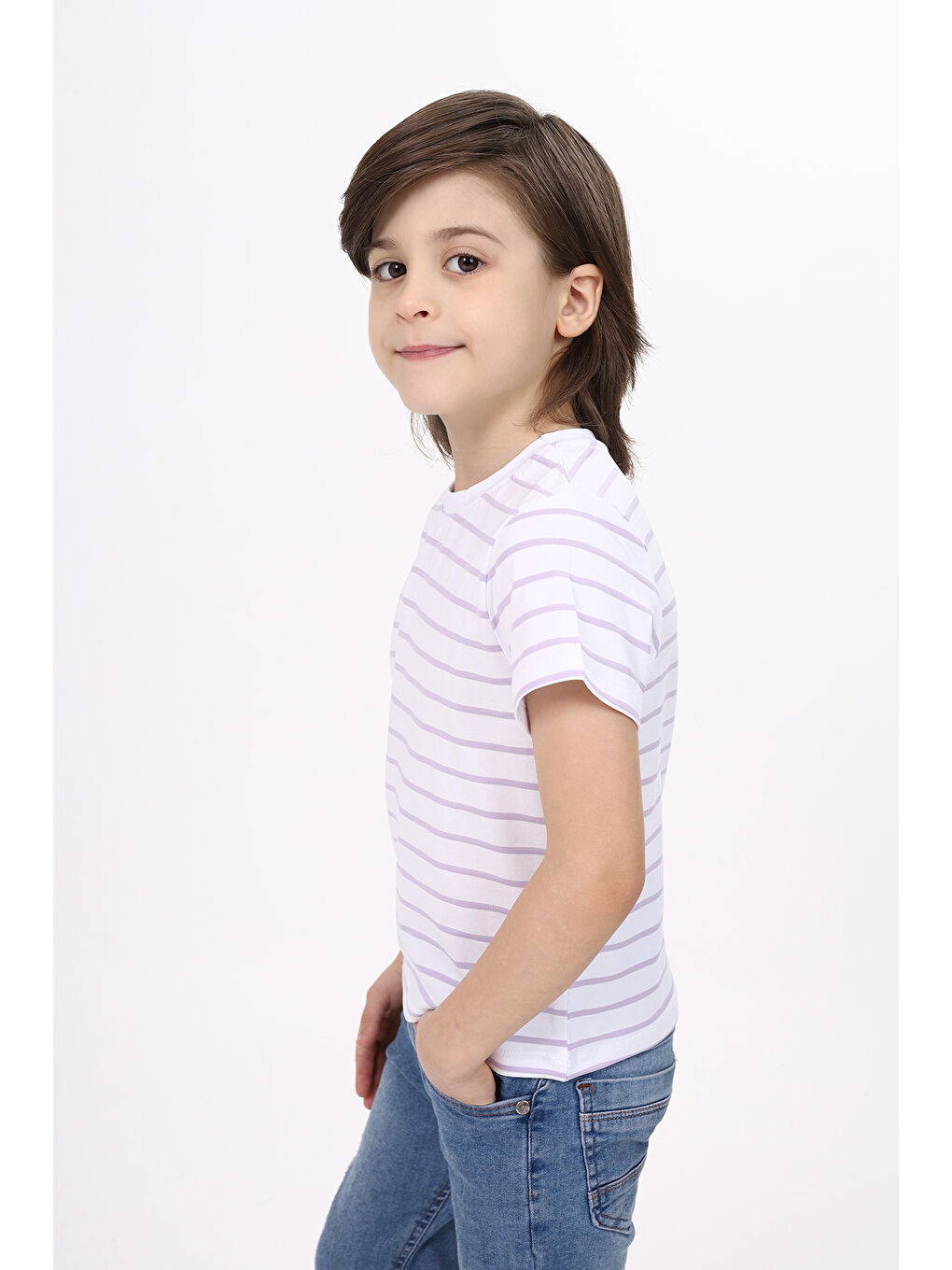 Lila Unisex Çocuk Çizgili Tişört-5