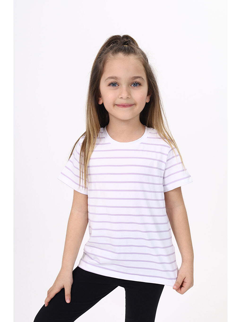 Lila Unisex Çocuk Çizgili Tişört-6