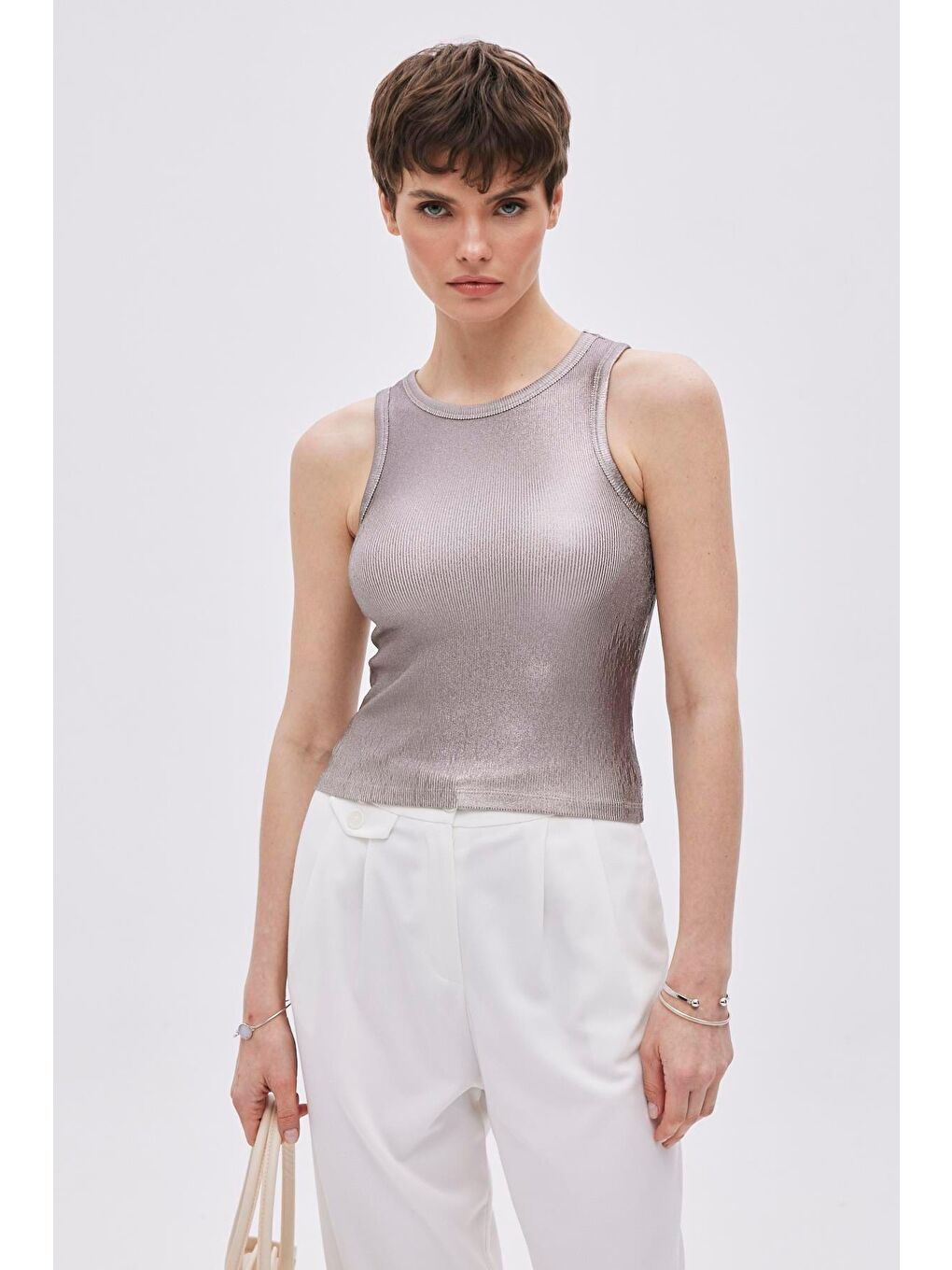 Gri Metalik Bronz Fitilli Crop