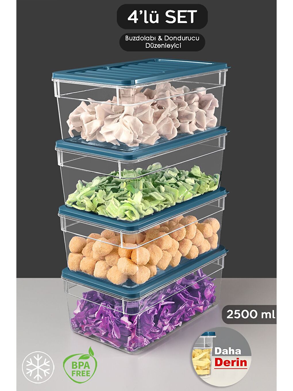 4'lü Derin Mikrodalga Uyu mlu Organizer Set Düzenleyici Gıda Erzak Saklama Kabı 2500 ml Mavi