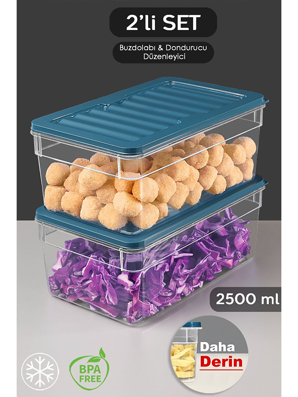 2'li Derin Buzdolabı Organizer Set 2500 ml Mavi