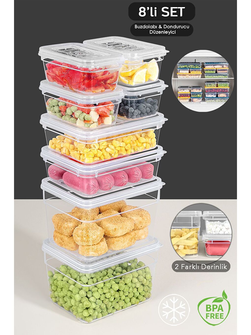 Renksiz 8 Parça Derin ve Sığ Erzak Saklama Kabı Seti Şeffaf Kapak Mikrodalga Uyu mlu Organizer Düzenleyici