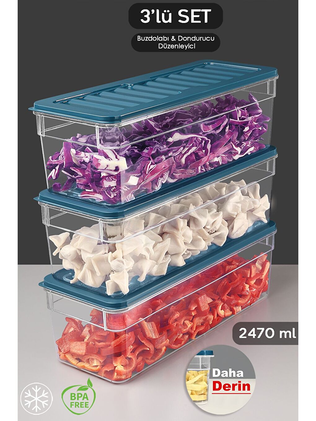 3'lü Derin Buzdolabı Organizer Set 2470 ml Mavi