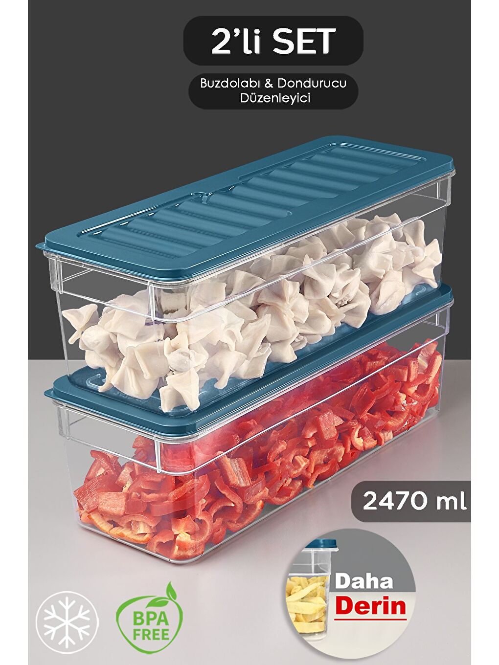 2'li Derin Mikrodalga Uyu mlu Organizer Set Düzenleyici Gıda Erzak Saklama Kabı 2470 ml Mavi