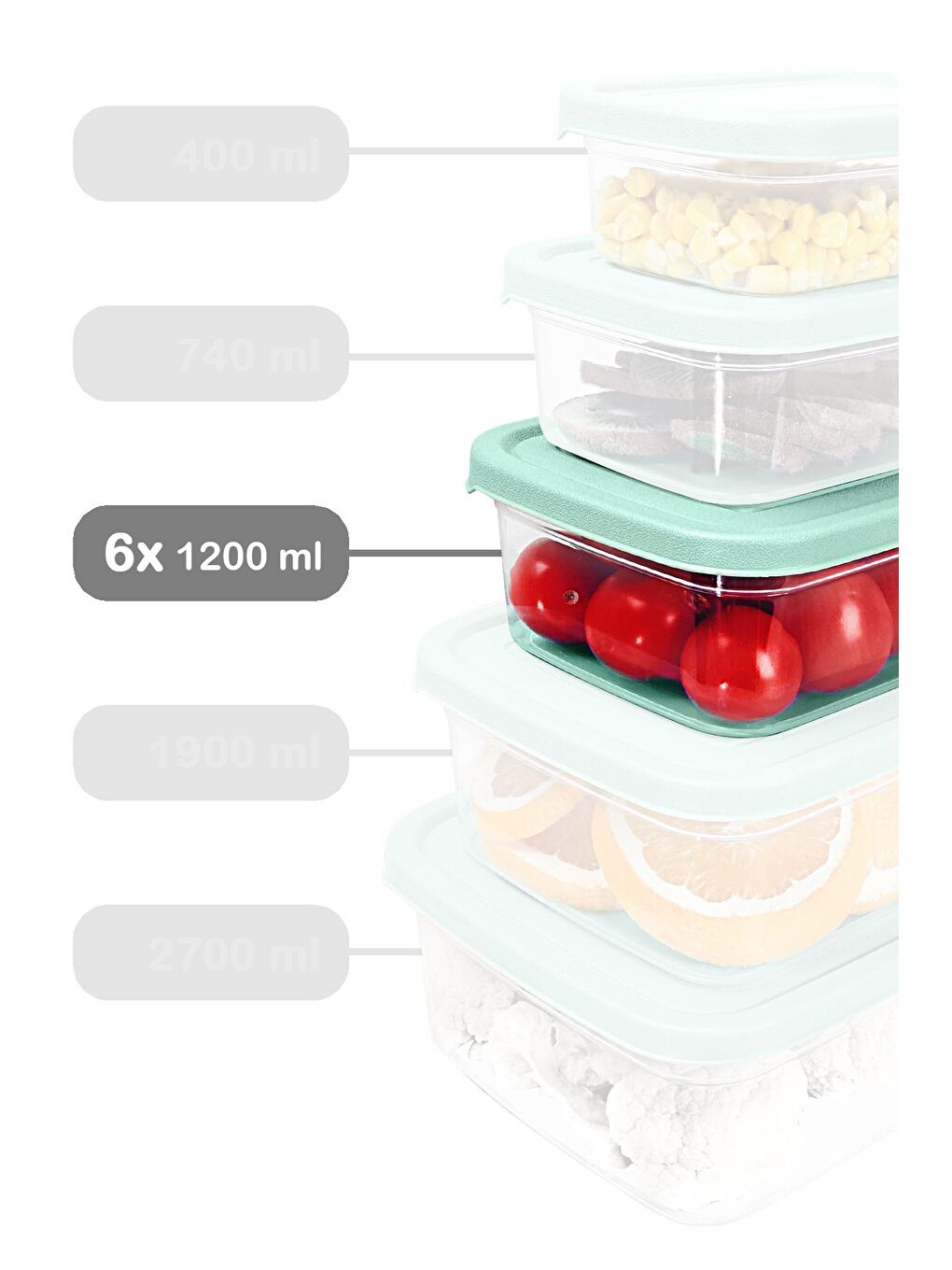 6 Adet Dikdörtgen Erzak Saklama Kabı 1200 ml Yeşil-1