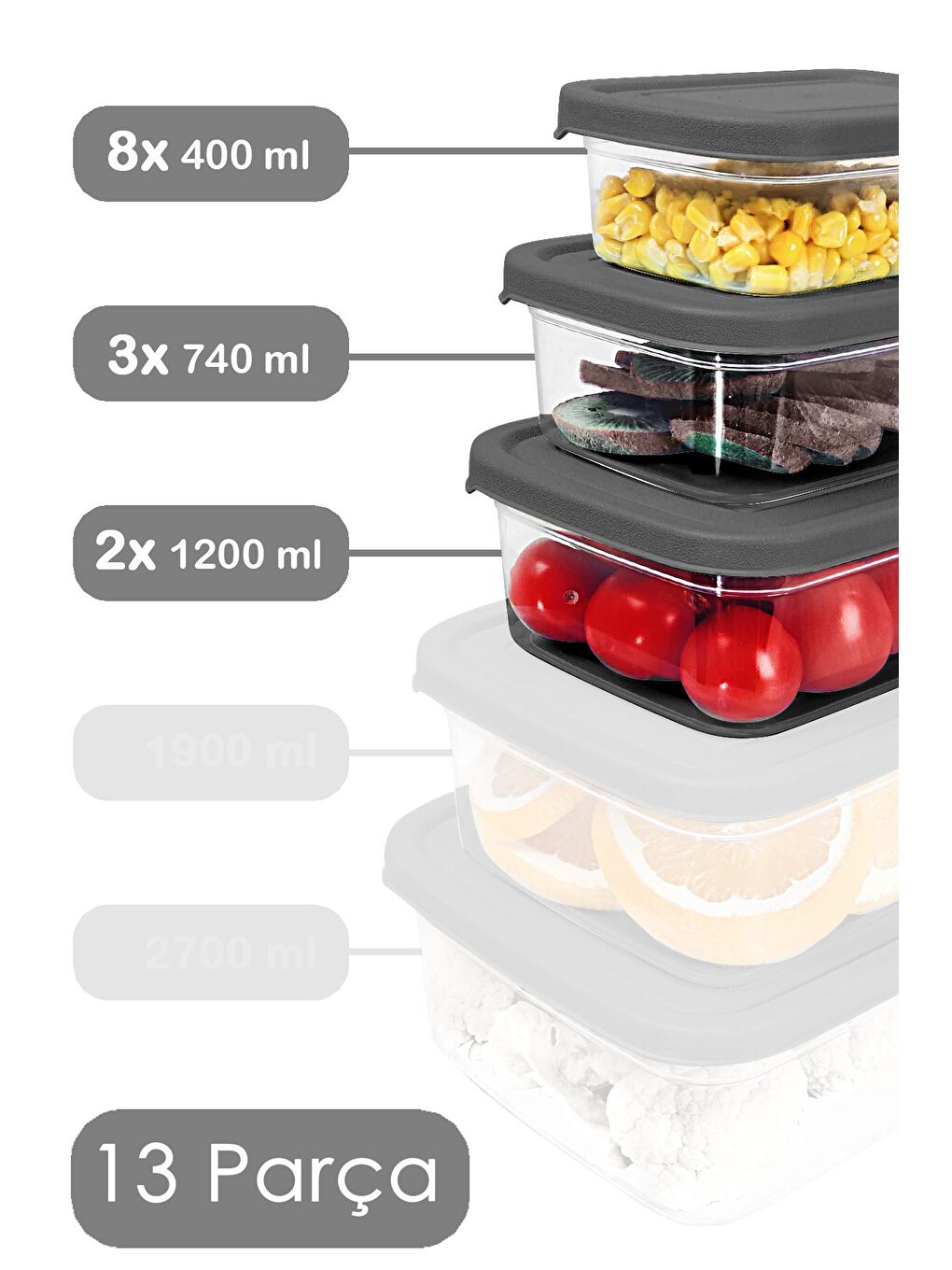 13'lü Dikdörtgen Erzak Saklama Kabı Seti Erzak Kabı Gri-1