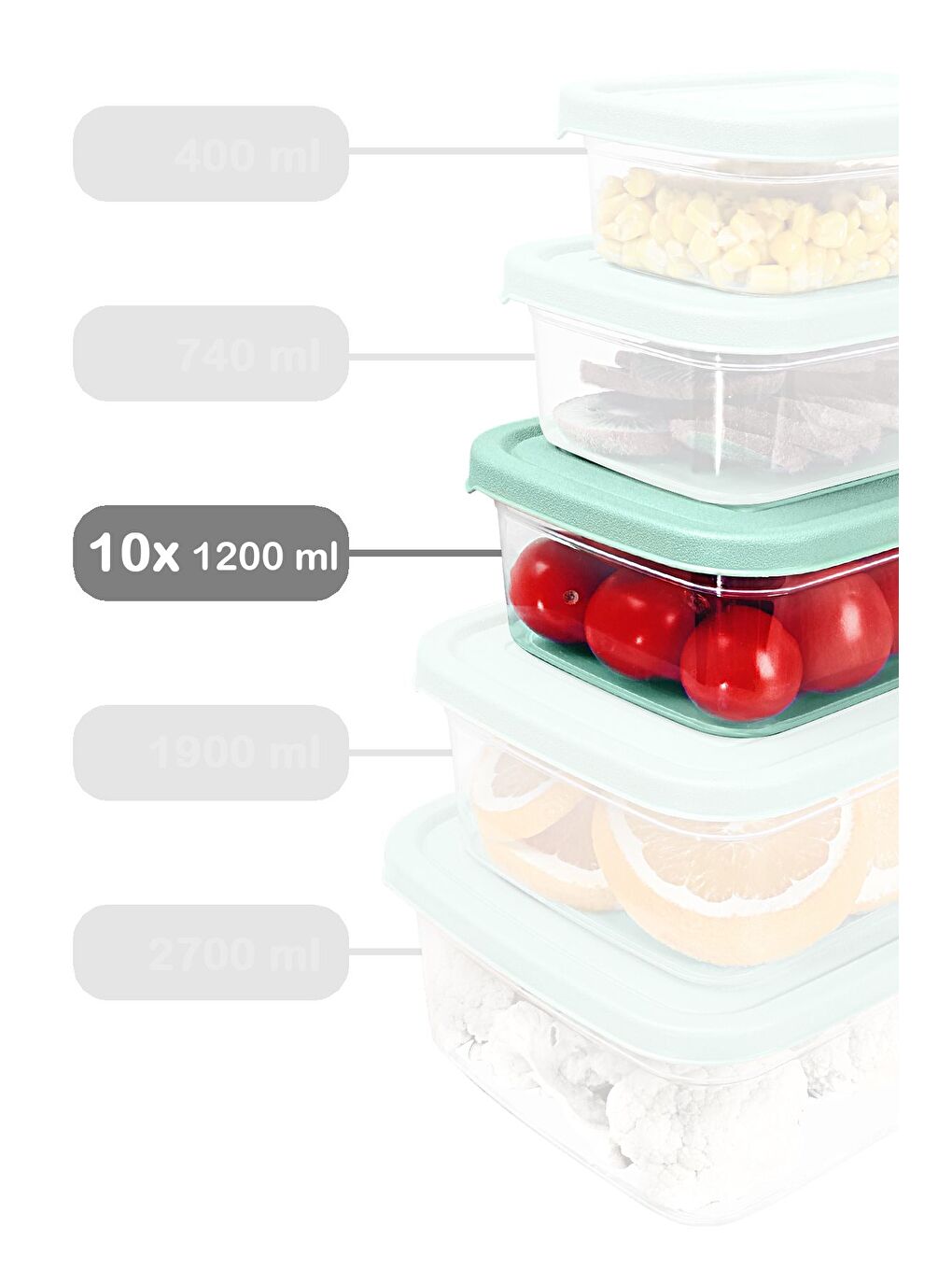 10 Adet Dikdörtgen Erzak Saklama Kabı 1200 ml Yeşil-1