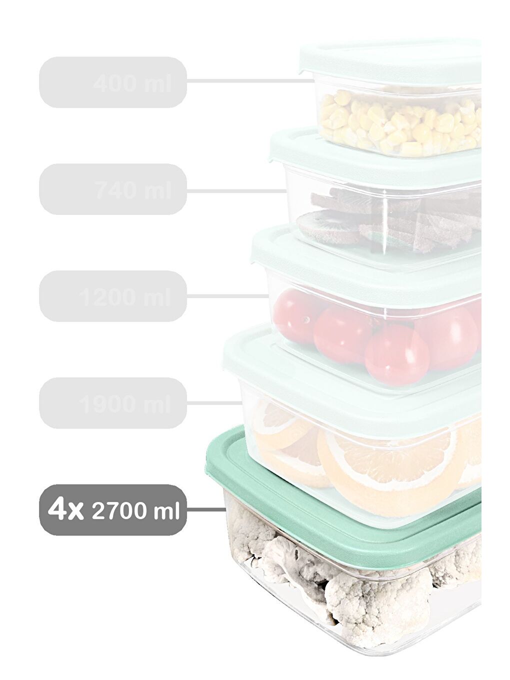 4 Adet Dikdörtgen Erzak Saklama Kabı 2700 ml Yeşil-1