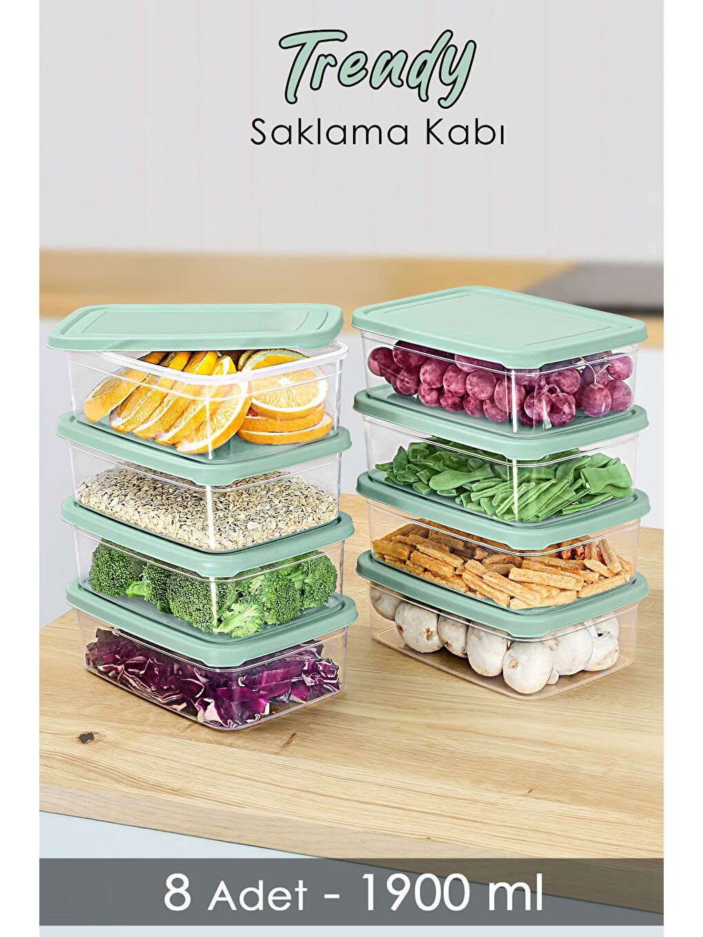 8 Adet Dikdörtgen Erzak Saklama Kabı 1900 ml Yeşil
