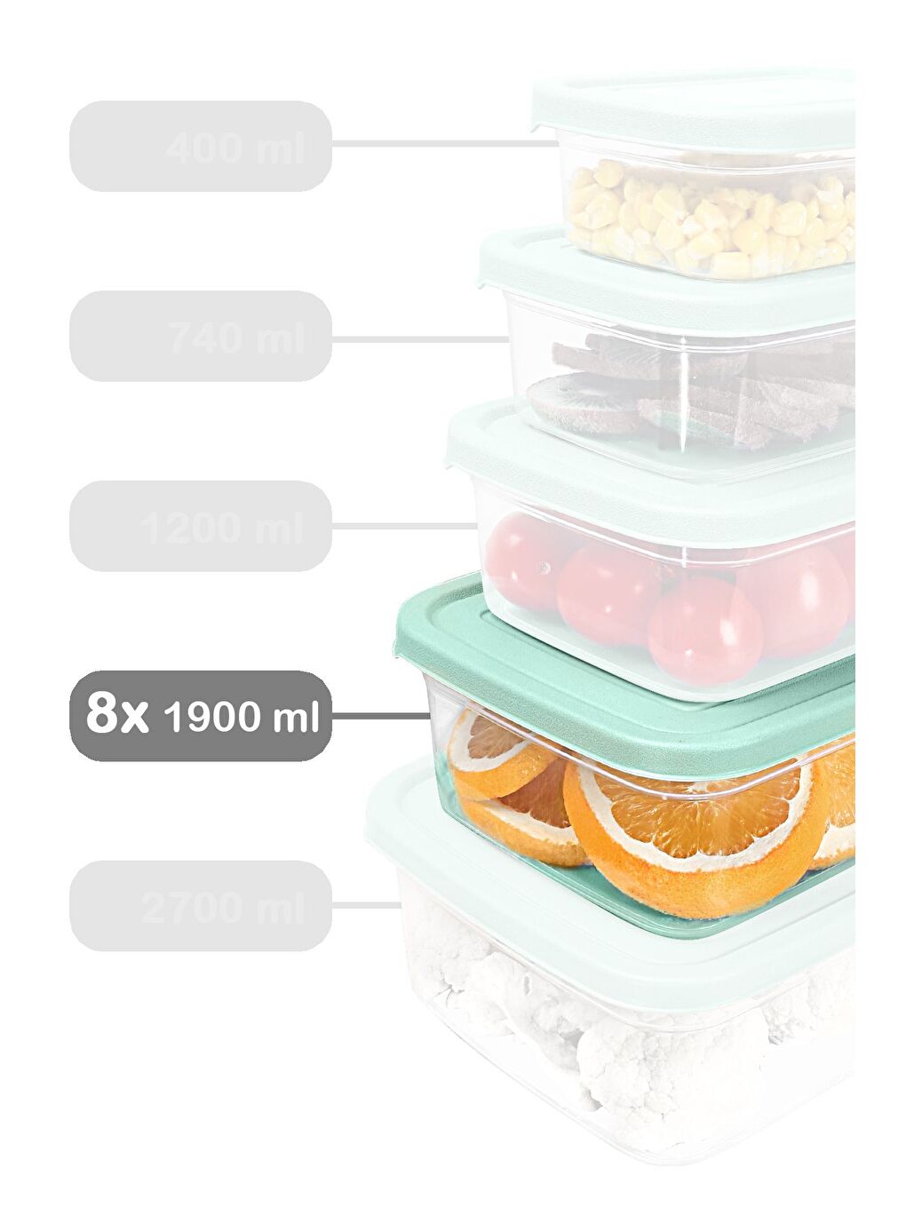 8 Adet Dikdörtgen Erzak Saklama Kabı 1900 ml Yeşil-1