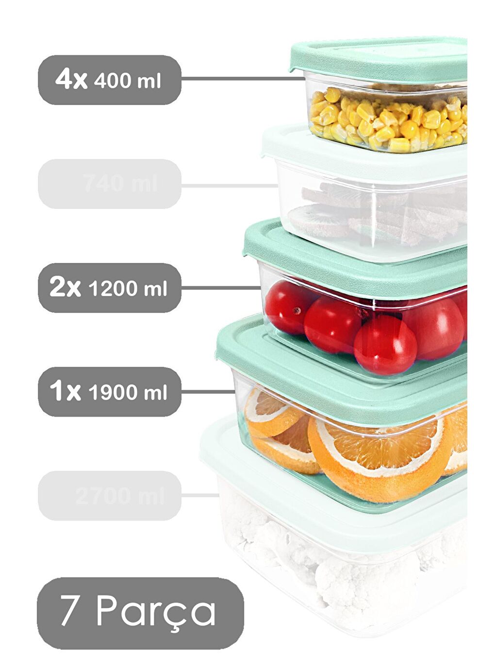 7 li Dikdörtgen Erzak Saklama Kabı Seti Erzak Kabı Yeşil-1