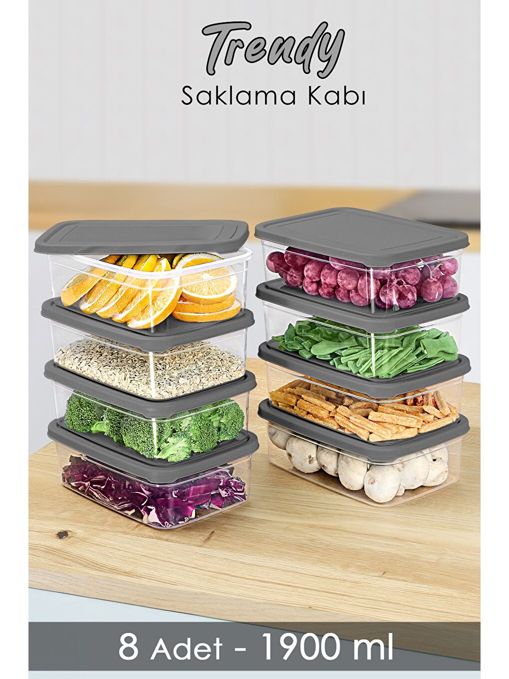 8 Adet Dikdörtgen Erzak Saklama Kabı 1900 ml Gri