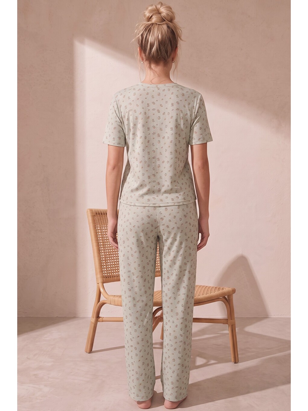 Karışık Pamuklu Fitilli Kaşkorse Örme Pijama Takım 26120401-2