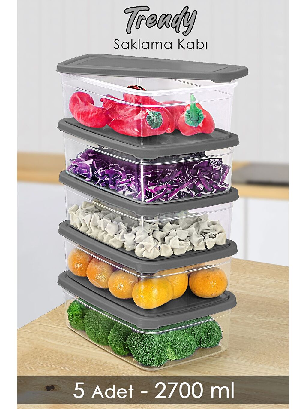 5 Adet Dikdörtgen Erzak Saklama Kabı 2700 ml Gri