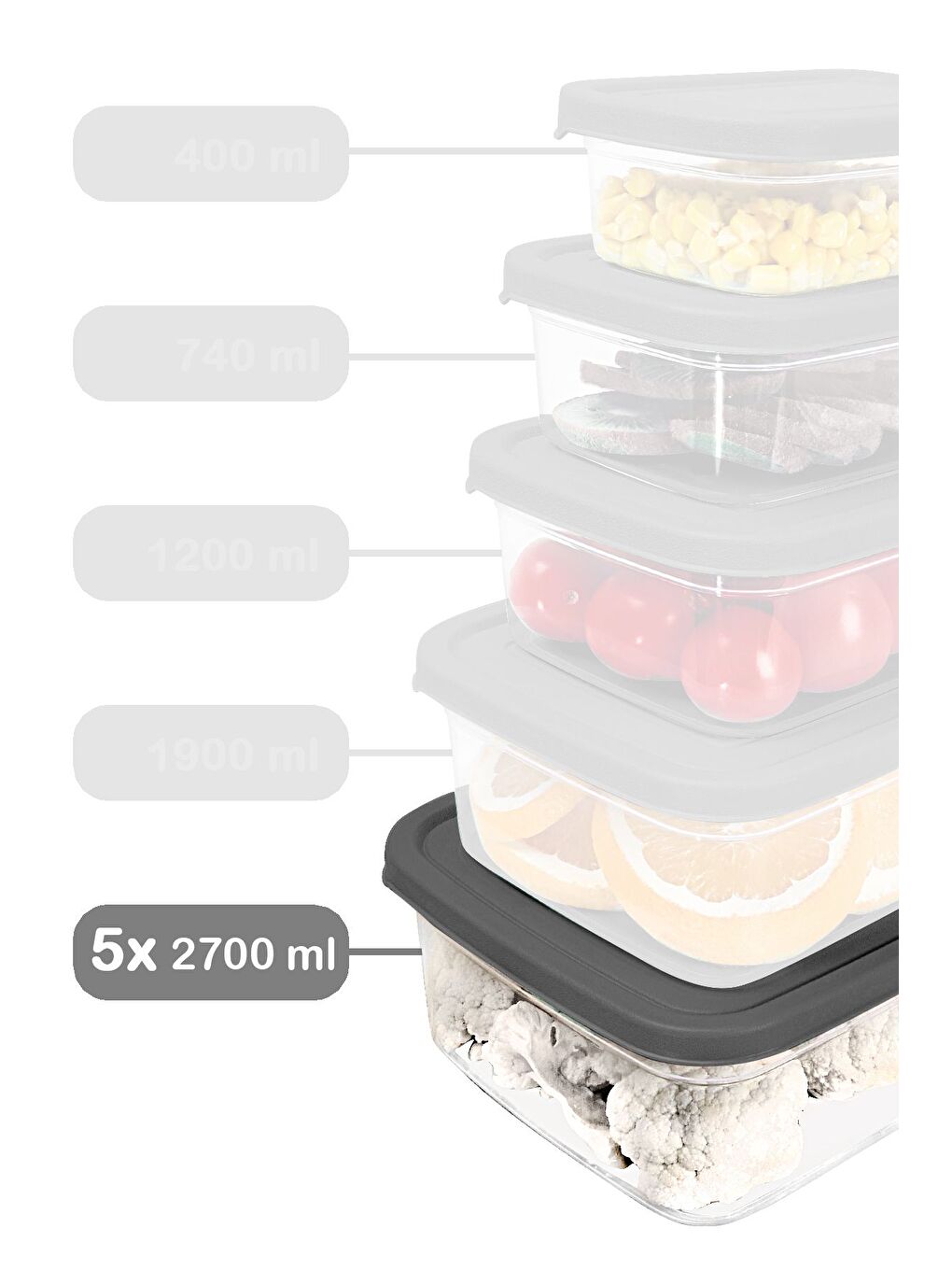 5 Adet Dikdörtgen Erzak Saklama Kabı 2700 ml Gri-1