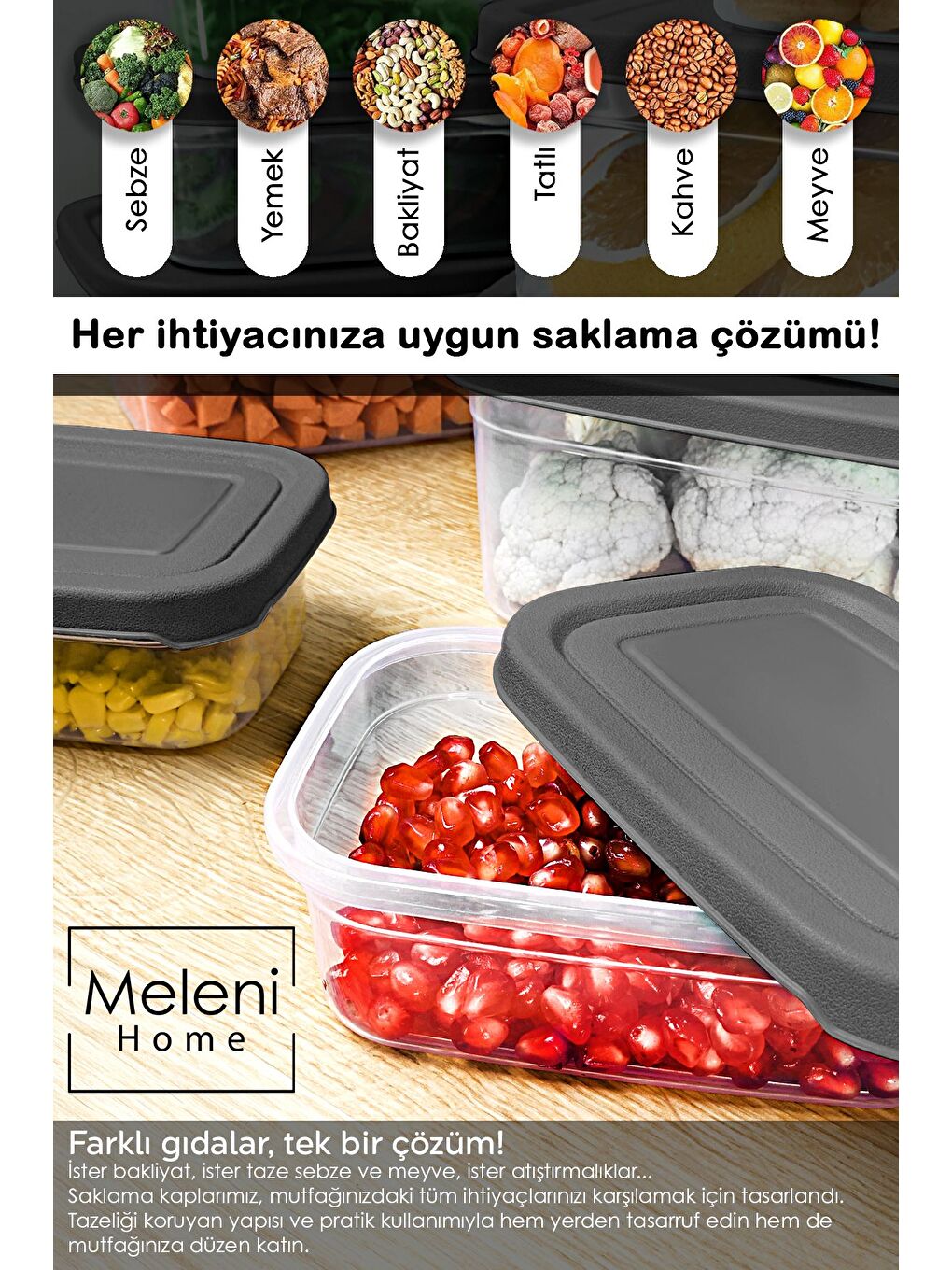 5 Adet Dikdörtgen Erzak Saklama Kabı 2700 ml Gri-3