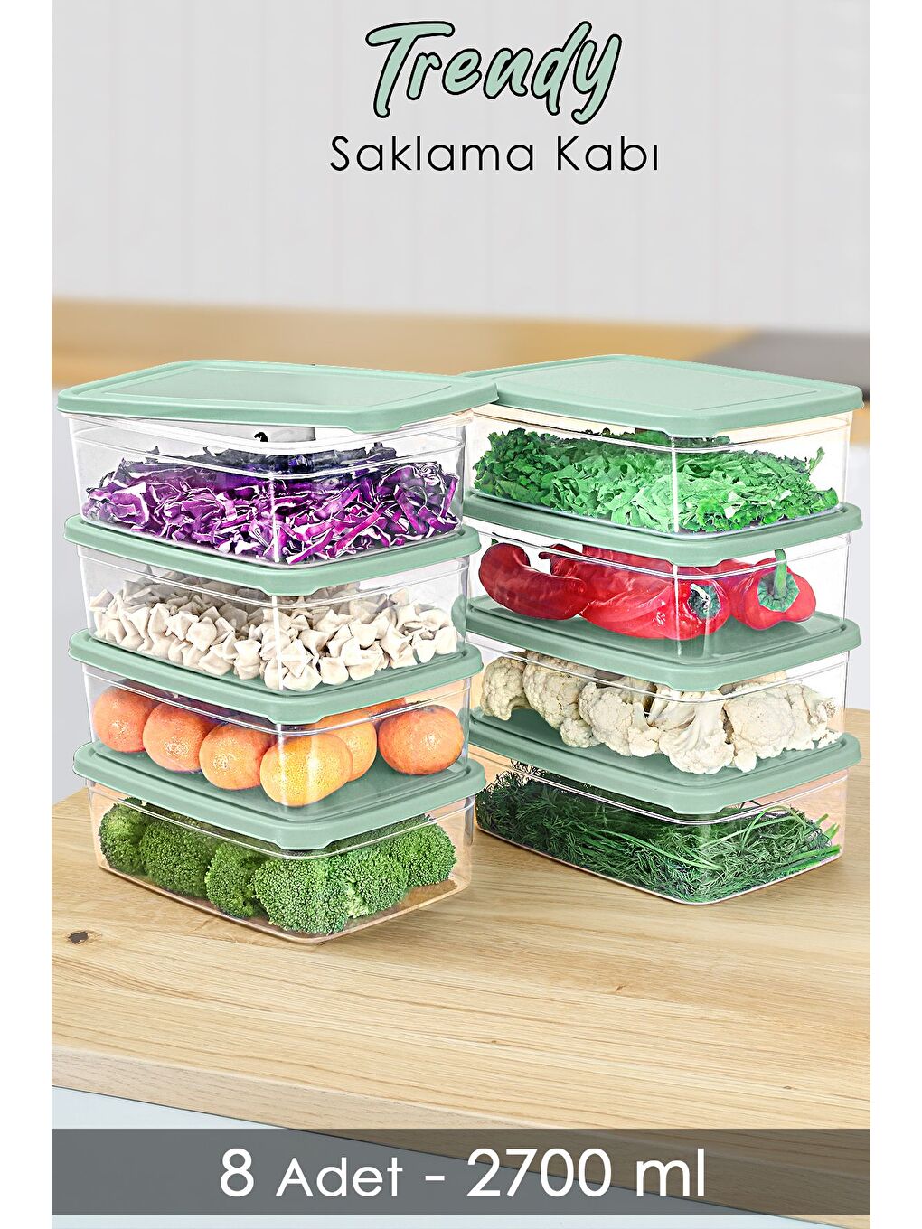 8 Adet Dikdörtgen Erzak Saklama Kabı 2700 ml Yeşil