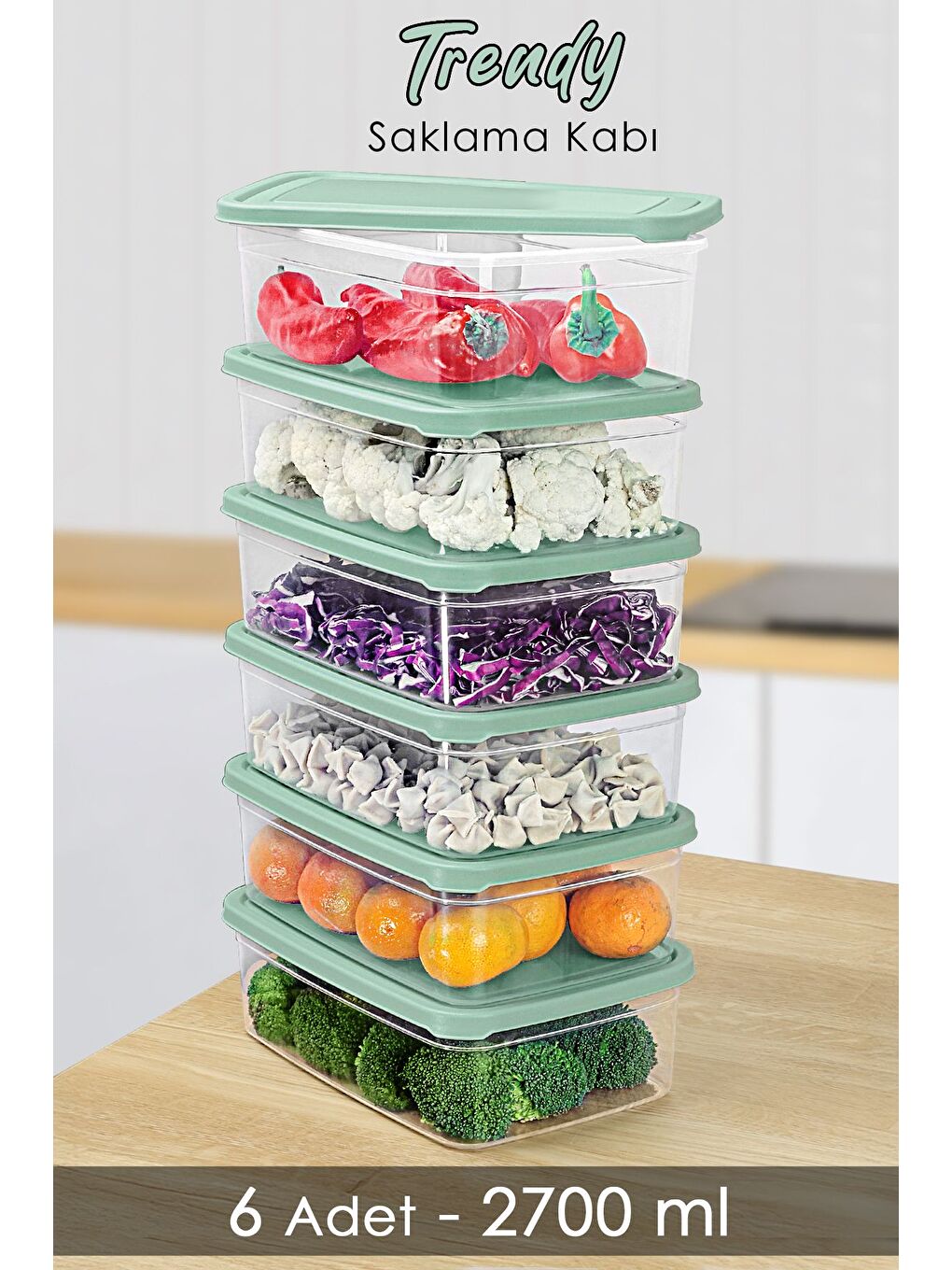 6 Adet Dikdörtgen Erzak Saklama Kabı 2700 ml Yeşil