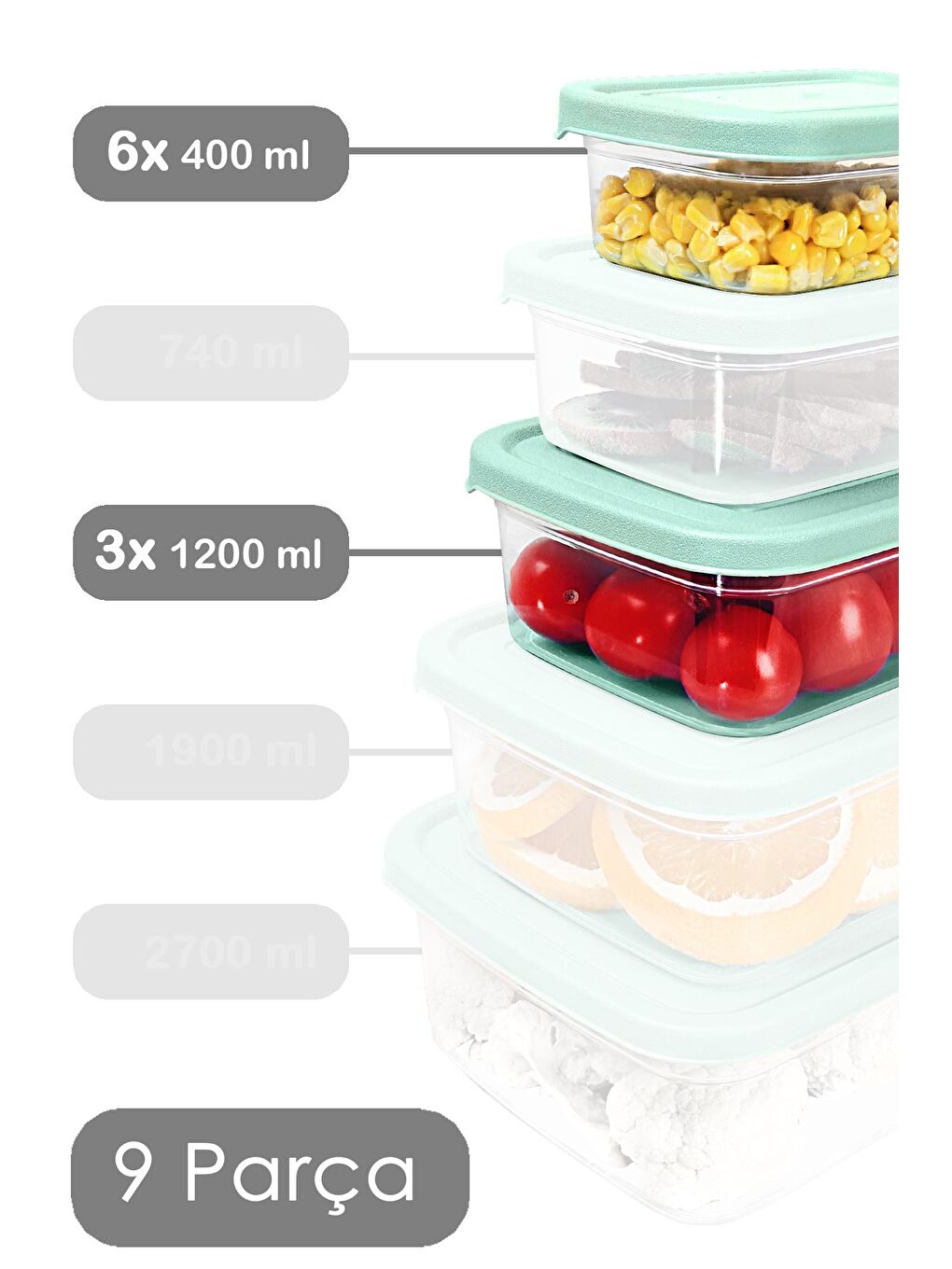 9'lu Dikdörtgen Erzak Saklama Kabı Seti Erzak Kabı Yeşil-1