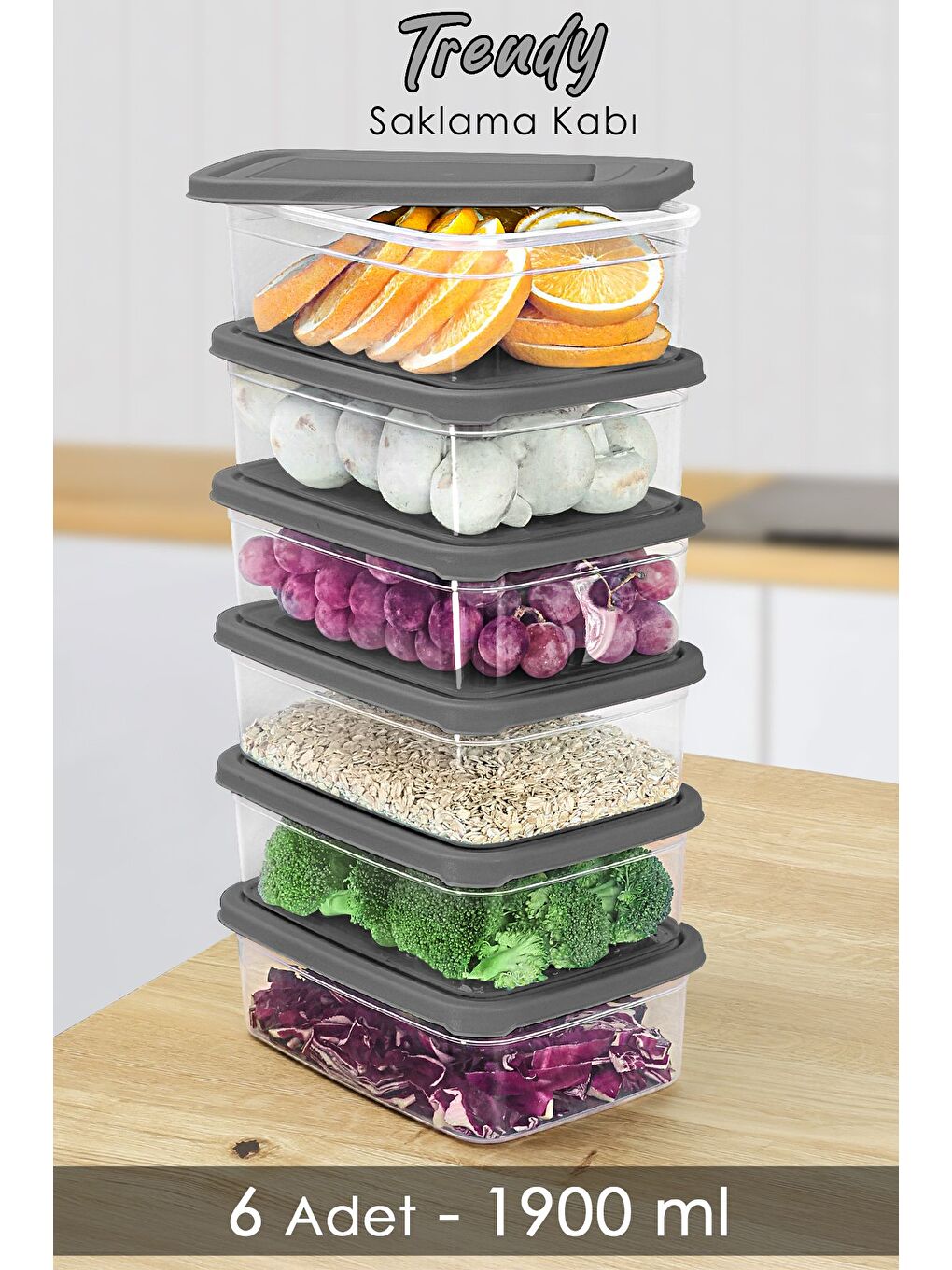 6 Adet Dikdörtgen Erzak Saklama Kabı 1900 ml Gri