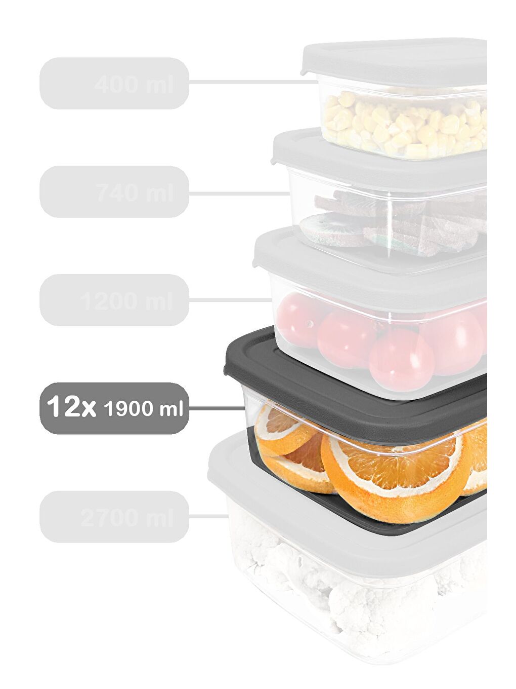12 Adet Dikdörtgen Erzak Saklama Kabı 1900 ml Gri-1
