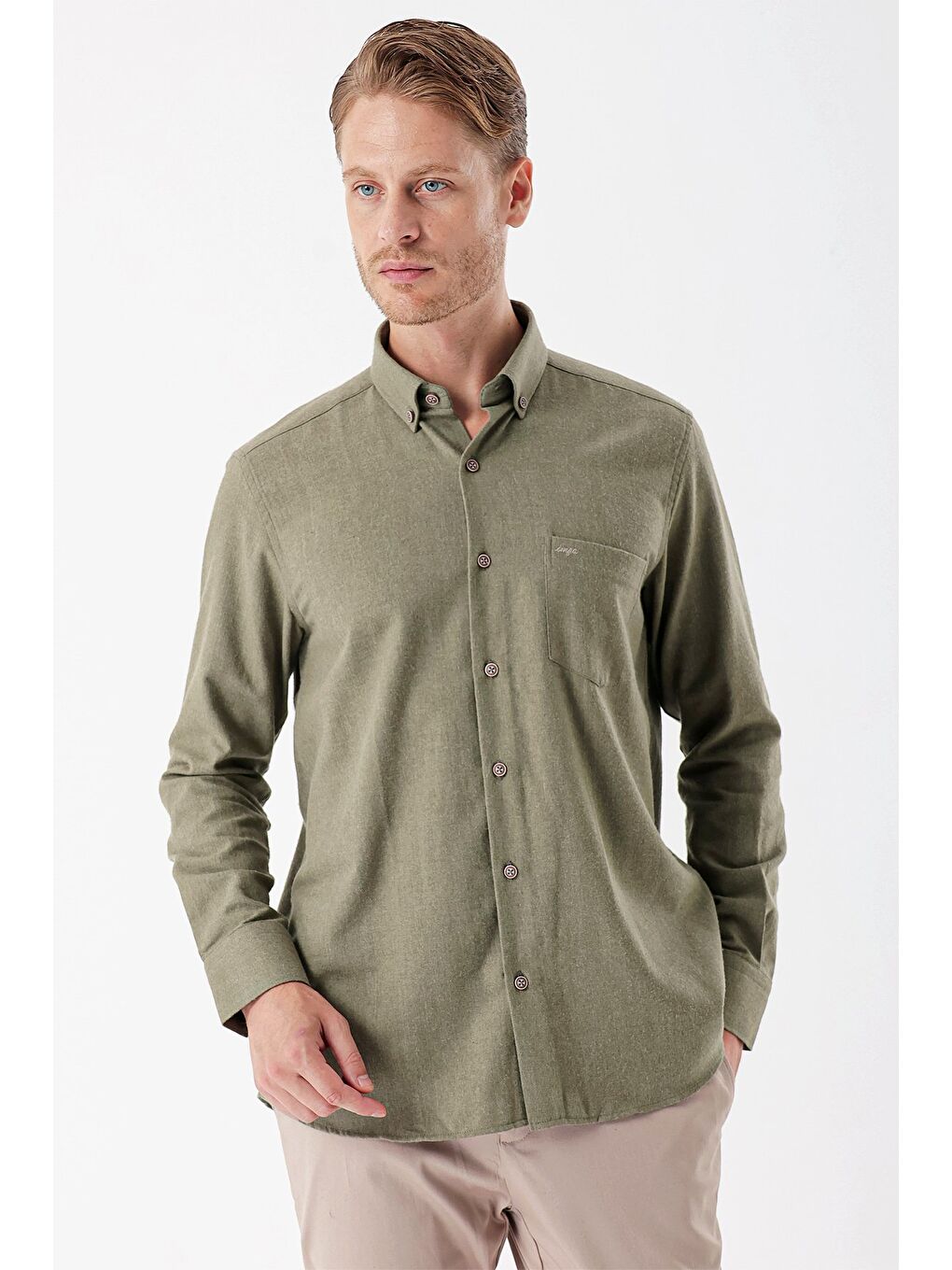 Koyu Haki Uzun Kollu Gabardin Sert Yaka Cepli Casual Comfort Fit Rahat Kesim Gömlek 1004235108