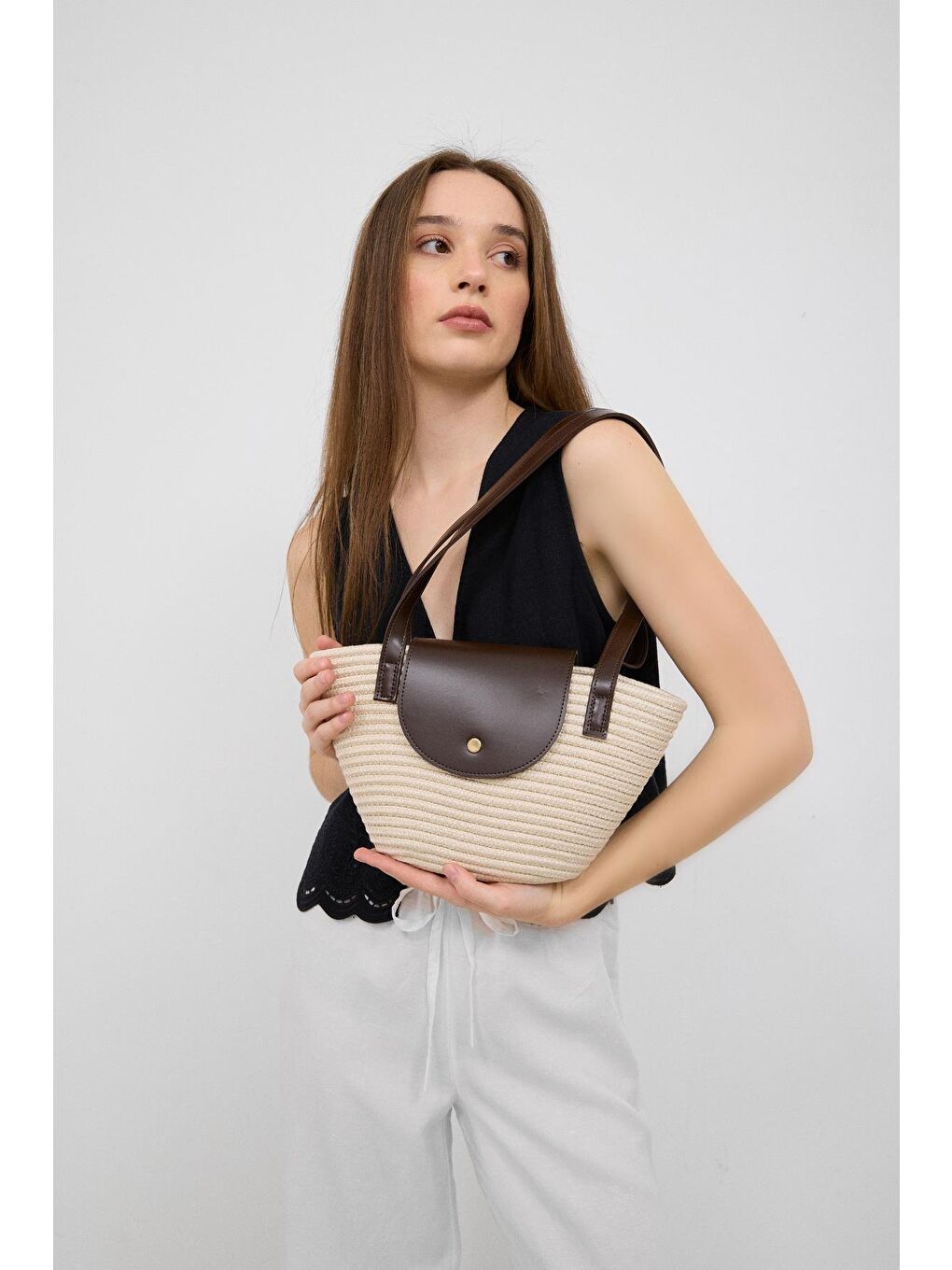 Ekru Maia Handmade Hasır Omuz Çantası Krem-1