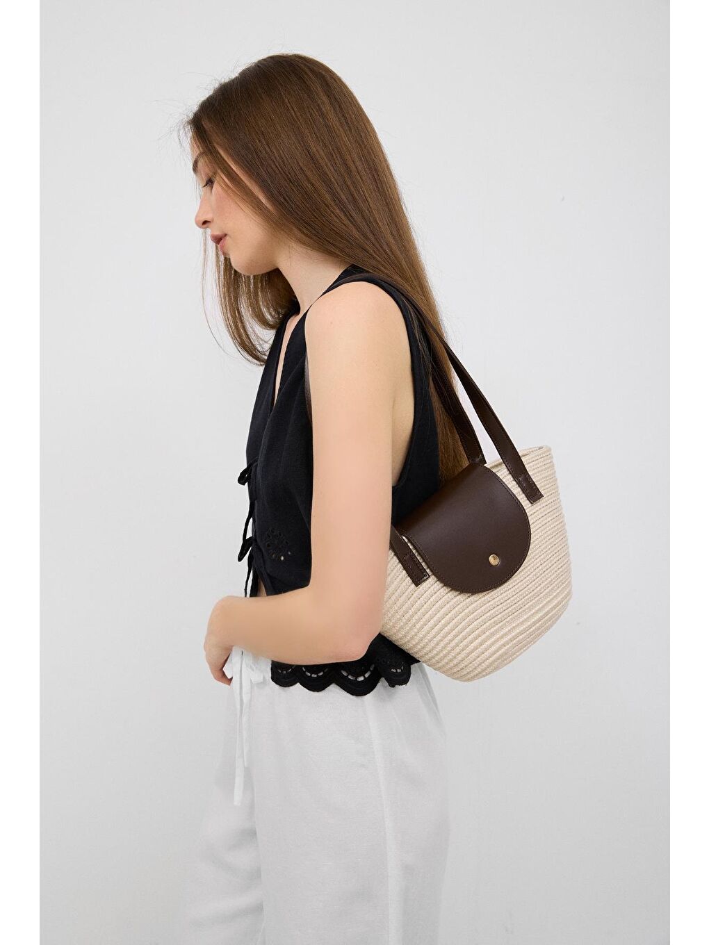 Ekru Maia Handmade Hasır Omuz Çantası Krem-2