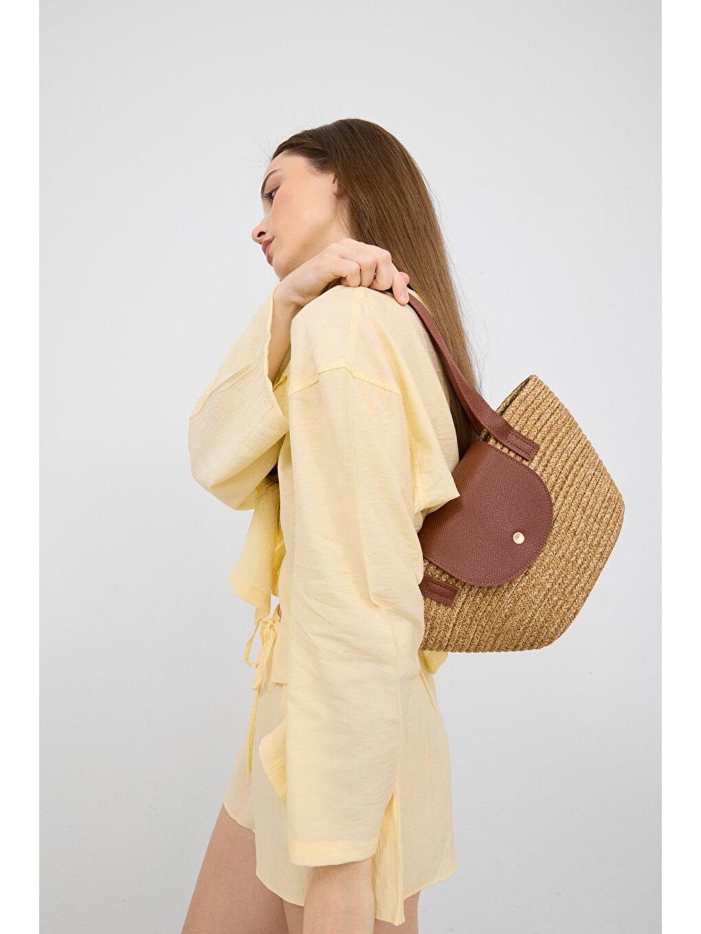 Bej Maia Handmade Hasır Omuz Çantası Vizon-1