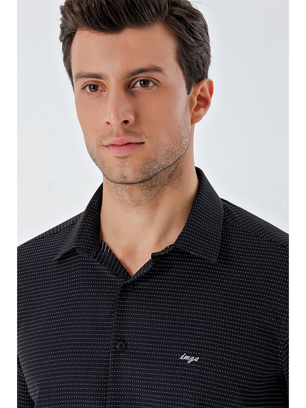 Siyah Uzun Kollu Desenli Armürlü Sert Yaka Cepsiz Pamuklu Klasik Slim Fit Gömlek 1004230203-5