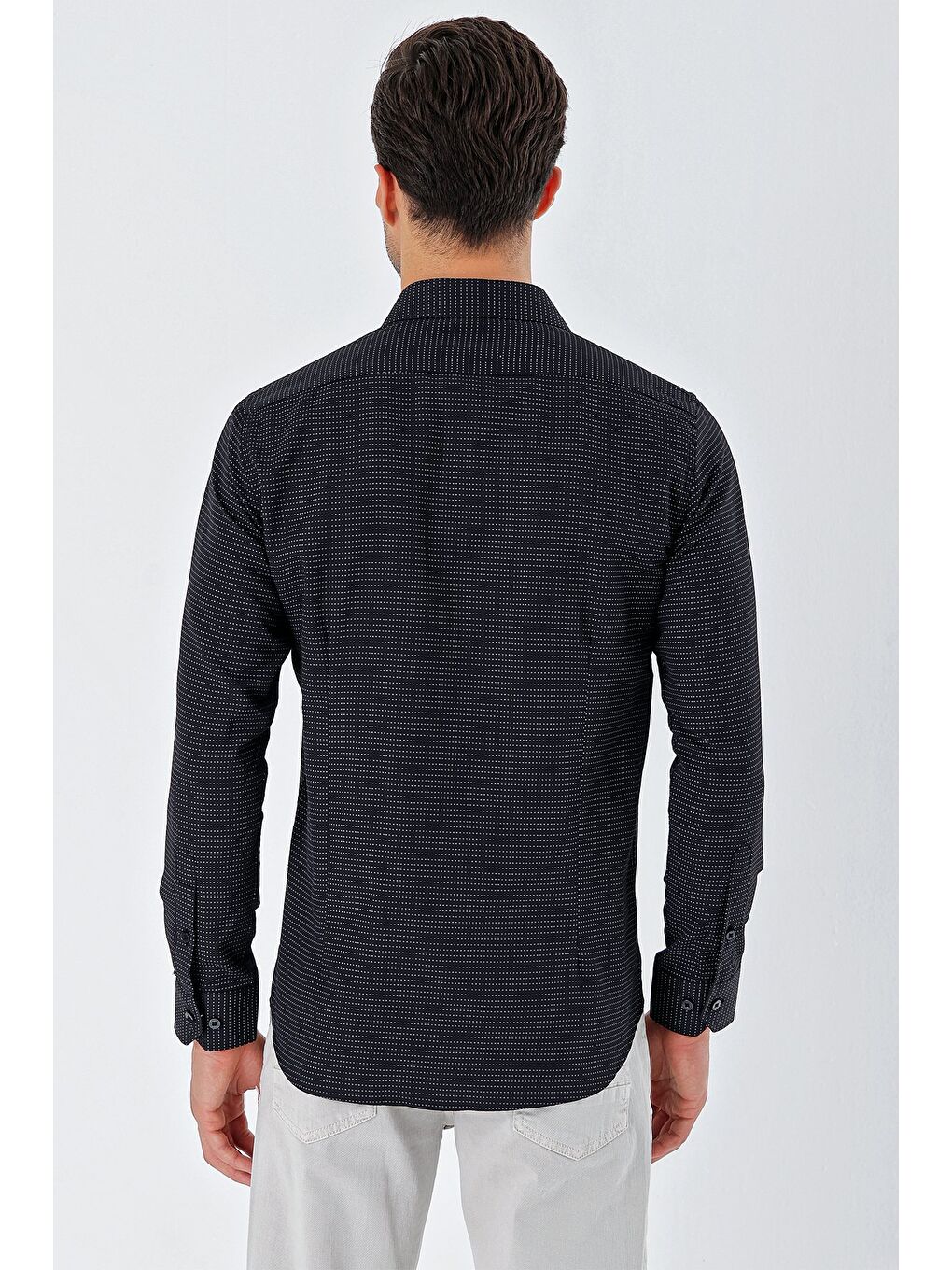 Siyah Uzun Kollu Desenli Armürlü Sert Yaka Cepsiz Pamuklu Klasik Slim Fit Gömlek 1004230203-6